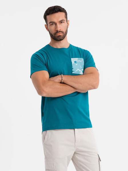 Ombre Clothing Moška bombažna majica s potiskom žepa - turkizna