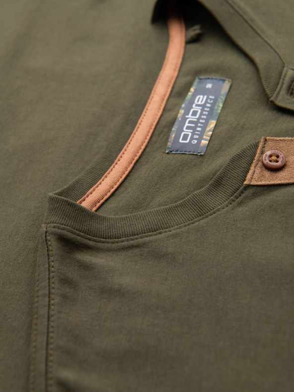 Ombre Clothing Moška majica z gumbi in semiš robom - temno olivna