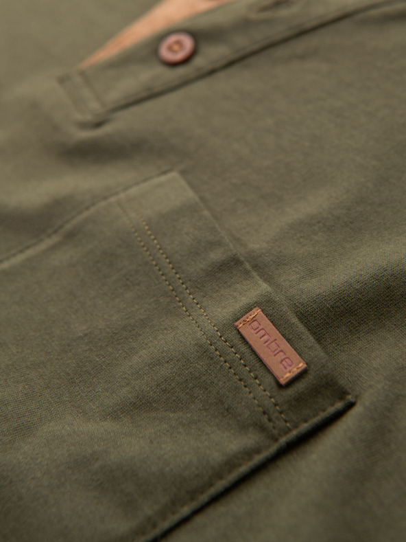Ombre Clothing Moška majica z gumbi in semiš robom - temno olivna