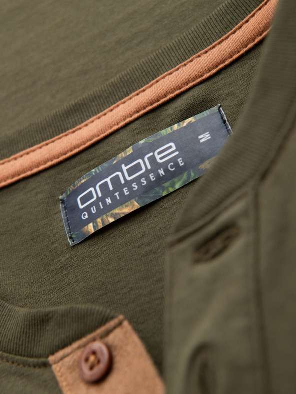 Ombre Clothing Moška majica z gumbi in semiš robom - temno olivna