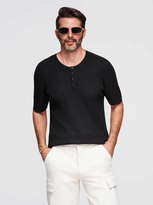 Ombre Clothing Moška pletena majica z gumbi ob izrezu - črna