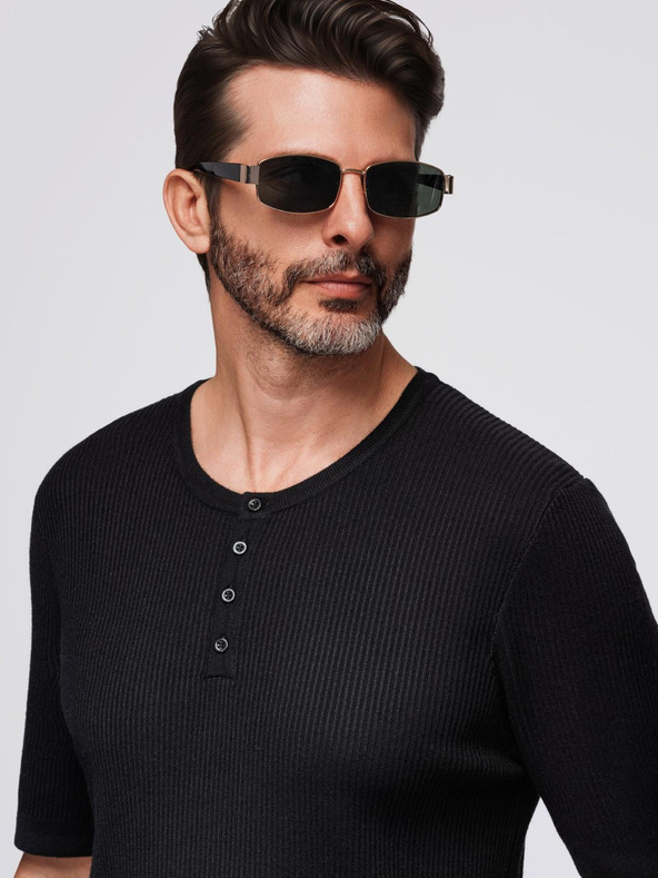 Ombre Clothing Moška pletena majica z gumbi ob izrezu - črna