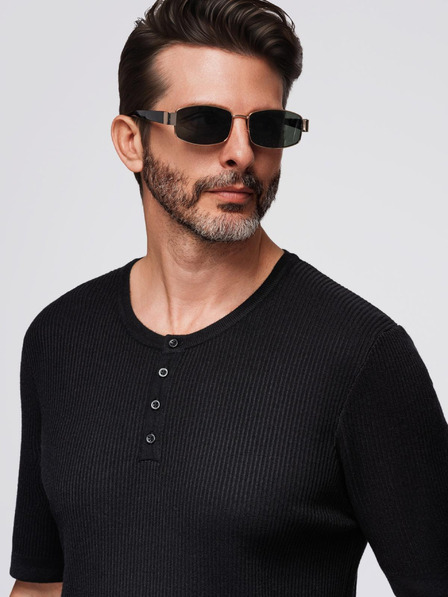 Ombre Clothing Moška pletena majica z gumbi ob izrezu - črna