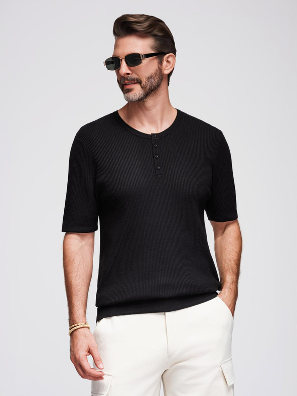 Ombre Clothing Moška pletena majica z gumbi ob izrezu - črna