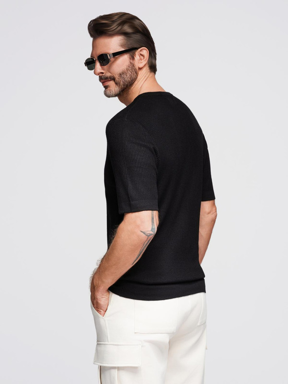 Ombre Clothing Moška pletena majica z gumbi ob izrezu - črna