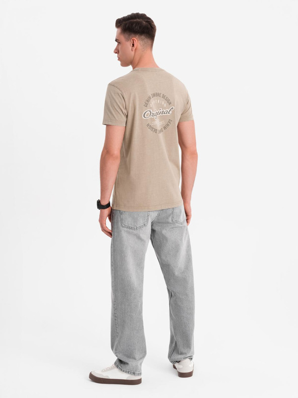 Ombre Clothing Bombažno majico s tiskom na prsih in hrbtu - temno bež