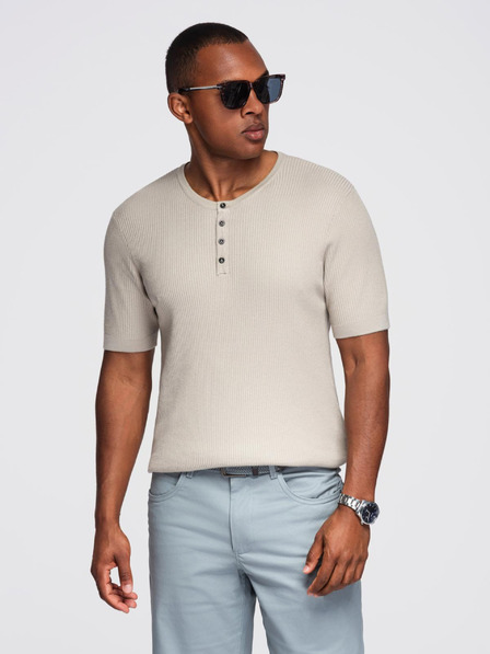 Ombre Clothing Moško pleteno majico z gumbi pri izrezu - svetlo sivo