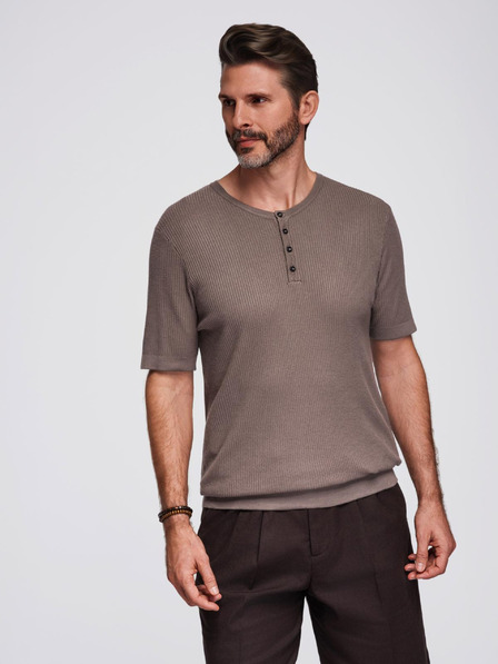 Ombre Clothing Moško pleteno majico z gumbi pri izrezu - sivo