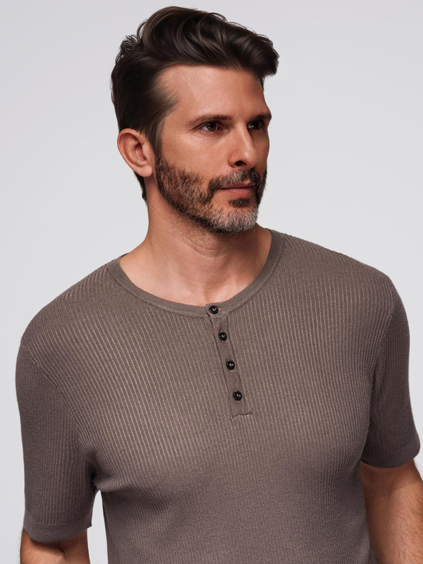 Ombre Clothing Moško pleteno majico z gumbi pri izrezu - sivo