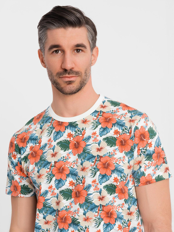 Ombre Clothing Moško bombažno majico s cvetličnim vzorcem in celostnim tiskom - belo