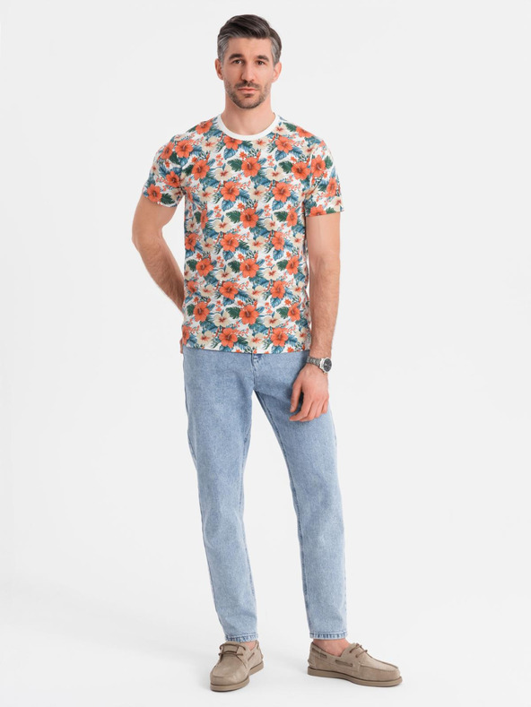 Ombre Clothing Moško bombažno majico s cvetličnim vzorcem in celostnim tiskom - belo