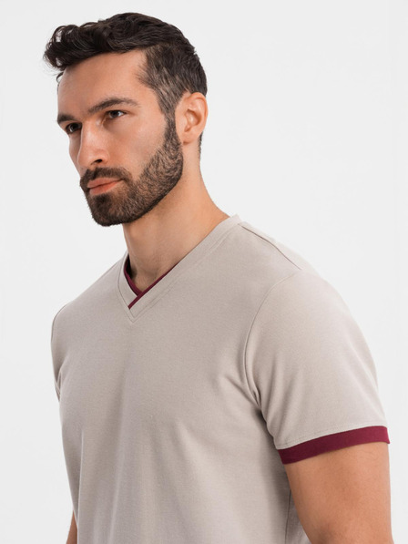 Ombre Clothing Moško majico s kontrastnimi vstavki in V-izrezom - bež