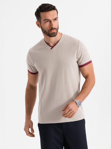 Ombre Clothing Moško majico s kontrastnimi vstavki in V-izrezom - bež