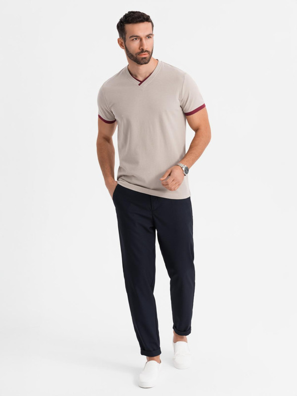 Ombre Clothing Moško majico s kontrastnimi vstavki in V-izrezom - bež