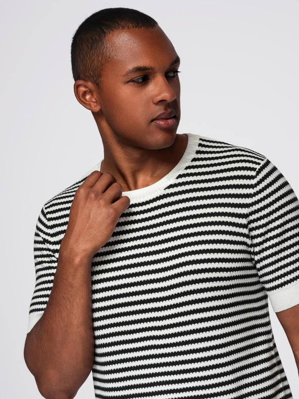Ombre Clothing Moško mornarsko prečrtkano pleteno majico z luknjičasto teksturo - črno-belo