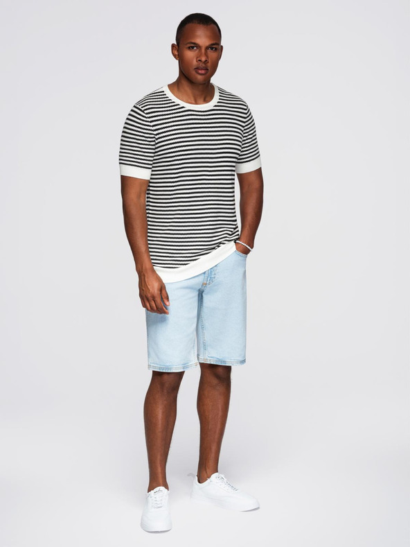 Ombre Clothing Moško mornarsko prečrtkano pleteno majico z luknjičasto teksturo - črno-belo