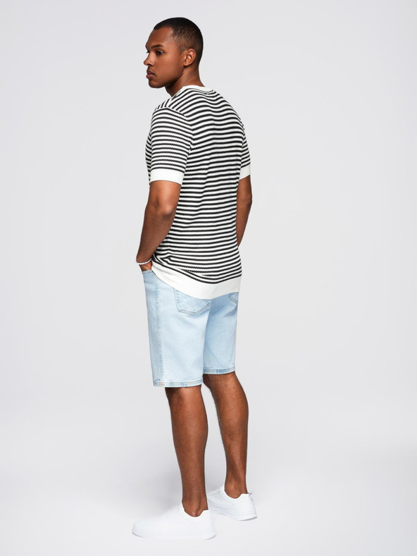 Ombre Clothing Moško mornarsko prečrtkano pleteno majico z luknjičasto teksturo - črno-belo