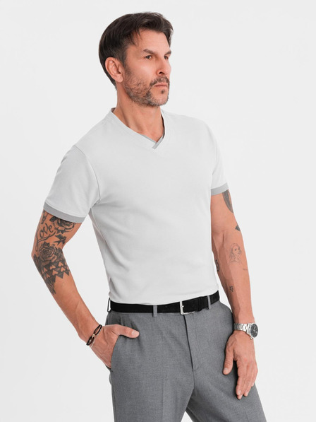 Ombre Clothing Moško majico s kontrastnimi vstavki in V-izrezom - svetlo sivo