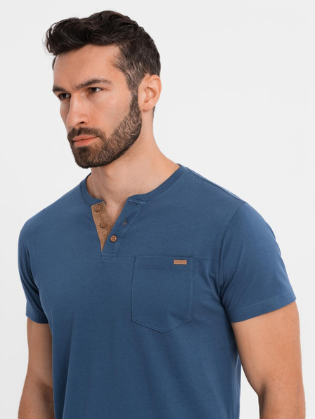 Ombre Clothing Moško majico z gumbi in semiš robom - temno modro