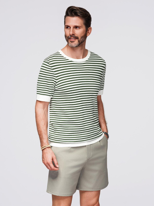 Ombre Clothing Moška mornarsko progasta pletena majica s prepleteno teksturo - olivna in bela