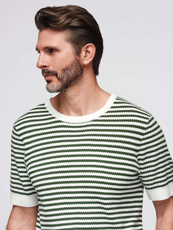 Ombre Clothing Moška mornarsko progasta pletena majica s prepleteno teksturo - olivna in bela