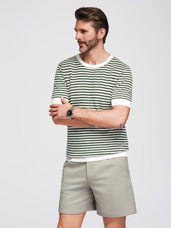 Ombre Clothing Moška mornarsko progasta pletena majica s prepleteno teksturo - olivna in bela