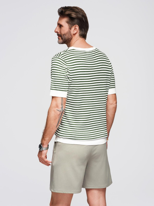 Ombre Clothing Moška mornarsko progasta pletena majica s prepleteno teksturo - olivna in bela