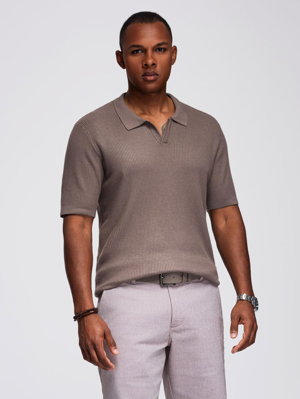 Ombre Clothing Moška polo majica brez gumbov z odprtim ovratnikom - pepelnata