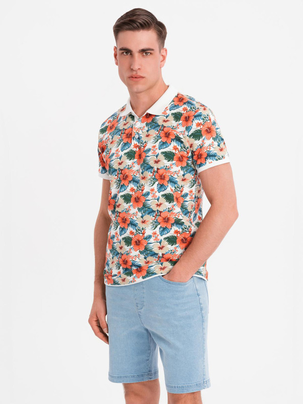 Ombre Clothing Bombažna polo majica s cvetličnim tiskom - bela
