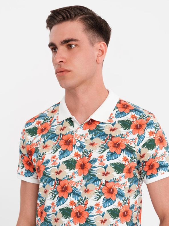 Ombre Clothing Bombažna polo majica s cvetličnim tiskom - bela