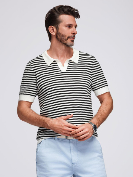 Ombre Clothing Moška pletena polo majica brez gumbov v mornarskih črtah - črno-bela