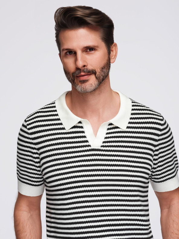 Ombre Clothing Moška pletena polo majica brez gumbov v mornarskih črtah - črno-bela