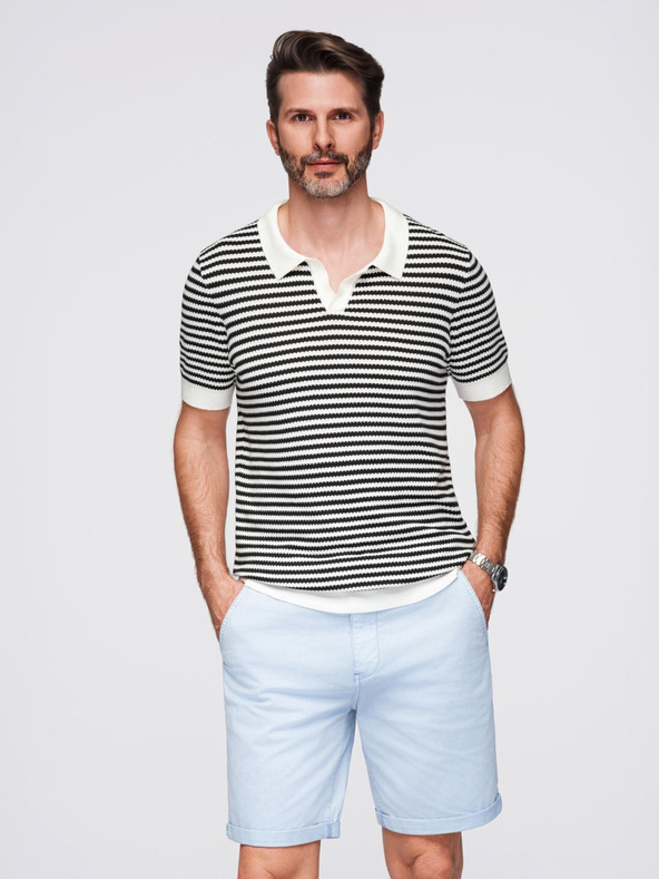 Ombre Clothing Moška pletena polo majica brez gumbov v mornarskih črtah - črno-bela