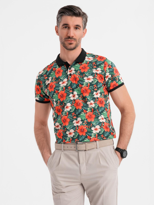 Ombre Clothing Bombažna polo majica s cvetličnim tiskom - črna