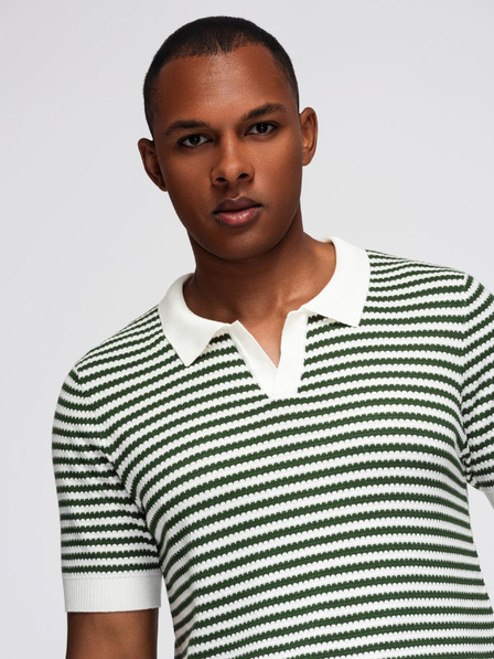 Ombre Clothing Moška pletena polo majica brez gumbov v mornarskih črtah - bela in olivno zelena