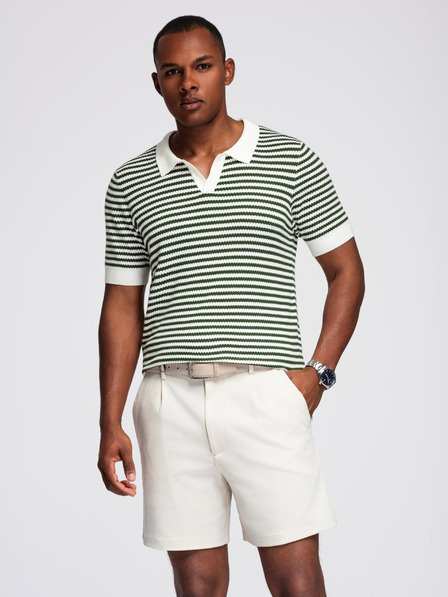 Ombre Clothing Moška pletena polo majica brez gumbov v mornarskih črtah - bela in olivno zelena