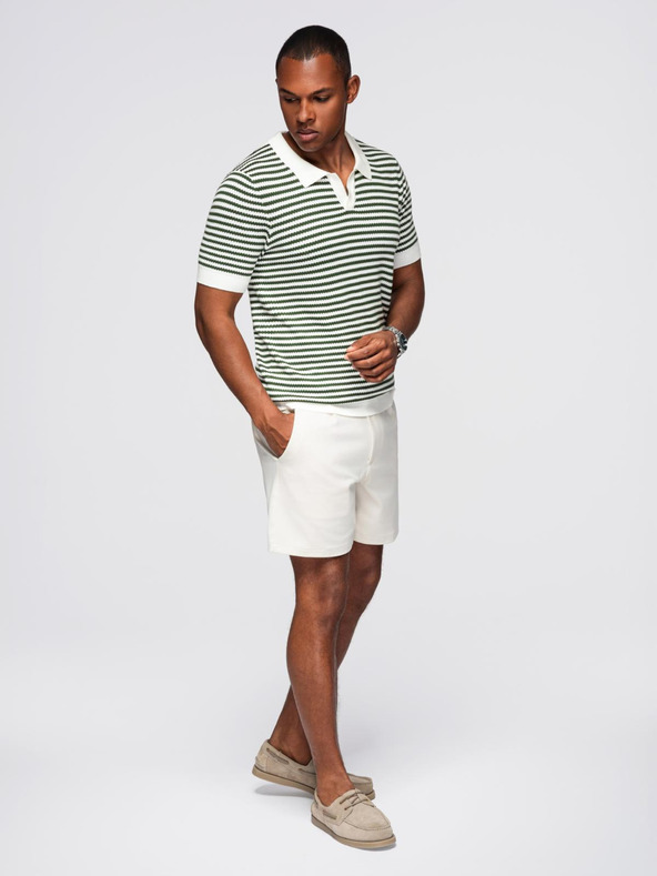 Ombre Clothing Moška pletena polo majica brez gumbov v mornarskih črtah - bela in olivno zelena