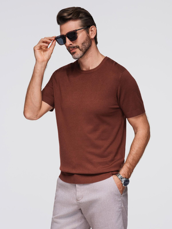 Ombre Clothing Moška klasična pletena srajca z rebrnatimi manšetami - toplo rjava