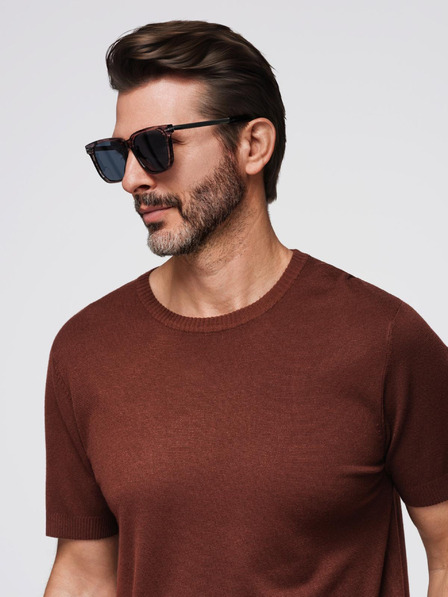 Ombre Clothing Moška klasična pletena srajca z rebrnatimi manšetami - toplo rjava