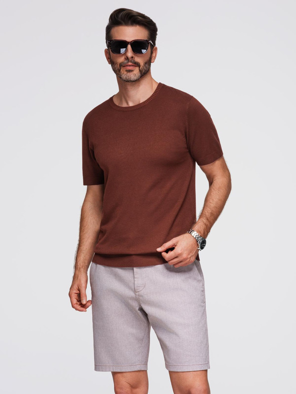 Ombre Clothing Moška klasična pletena srajca z rebrnatimi manšetami - toplo rjava