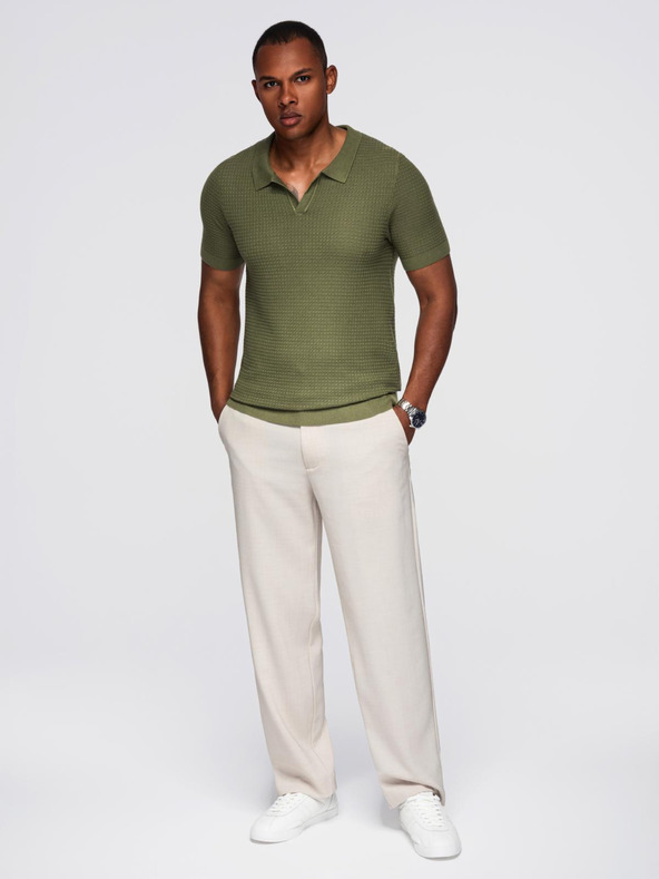 Ombre Clothing Moška pletena polo majica brez gumbov - olivna