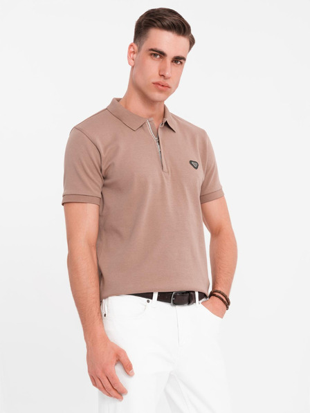 Ombre Clothing Moška polo majica z zadrgo - svetlo rjava
