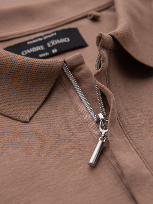 Ombre Clothing Moška polo majica z zadrgo - svetlo rjava