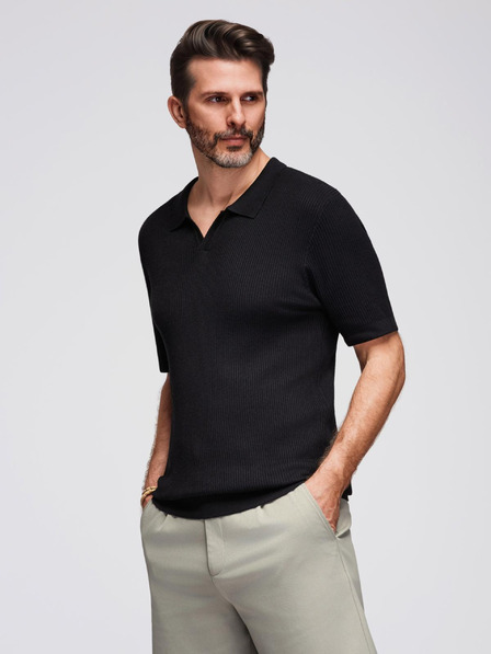 Ombre Clothing Moška polo majica z odprtim ovratnikom brez gumbov - črna