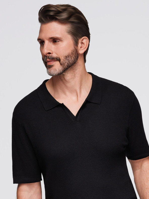 Ombre Clothing Moška polo majica z odprtim ovratnikom brez gumbov - črna