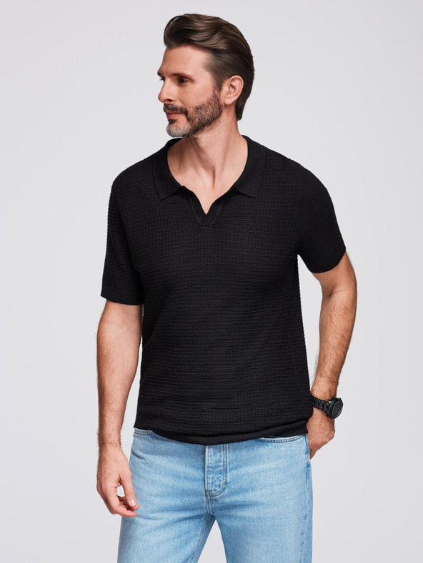 Ombre Clothing Moška pletena polo majica brez gumbov - črna