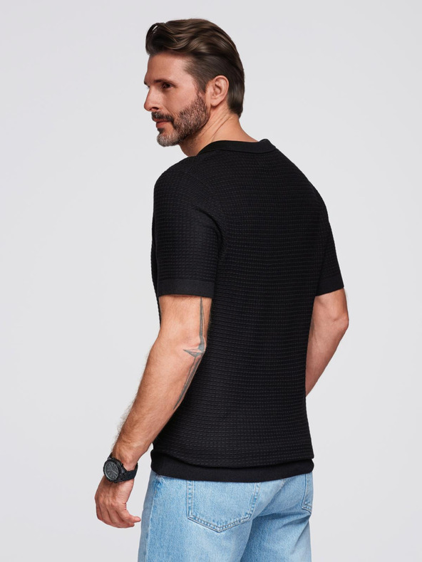 Ombre Clothing Moška pletena polo majica brez gumbov - črna