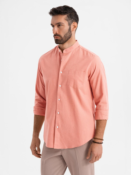 Ombre Clothing Moška platnen srajca z stoječim ovratnikom in žepom REGULAR FIT - rožnata