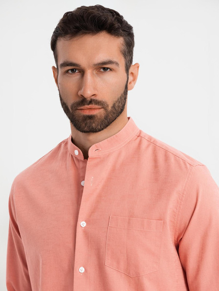 Ombre Clothing Moška platnen srajca z stoječim ovratnikom in žepom REGULAR FIT - rožnata