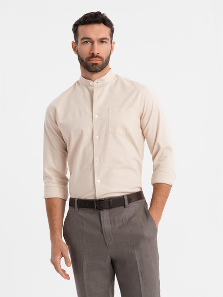 Ombre Clothing Moška platnen srajca z stoječim ovratnikom in žepom REGULAR FIT - kremna